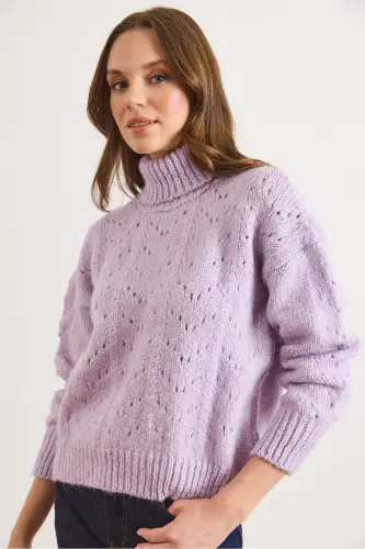 Kadın Lila Balıkçı Yaka Yumuşak Dokulu Triko Kazak KZK-19000892-Lila - 3
