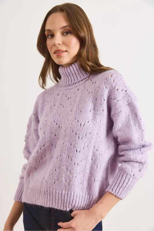 Kadın Lila Balıkçı Yaka Yumuşak Dokulu Triko Kazak KZK-19000892-Lila - 3