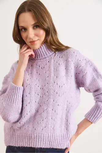 Kadın Lila Balıkçı Yaka Yumuşak Dokulu Triko Kazak KZK-19000892-Lila - 4