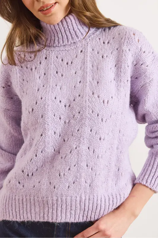 Kadın Lila Balıkçı Yaka Yumuşak Dokulu Triko Kazak KZK-19000892-Lila - 5