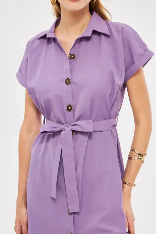 Kadın Lila Beli Kemerli Kısa Kol Gömlek Elbise ARM-19Y001068-Lila - 2