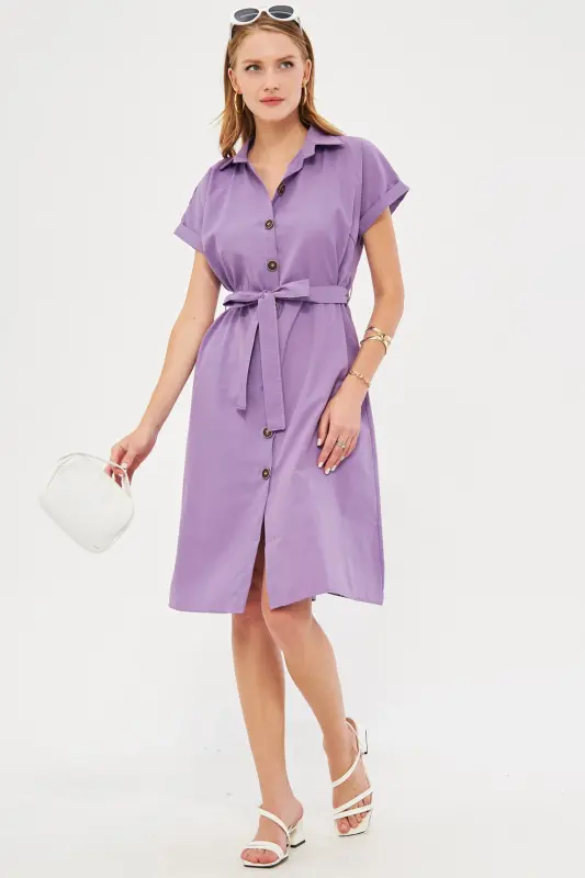 Kadın Lila Beli Kemerli Kısa Kol Gömlek Elbise ARM-19Y001068-Lila - 3