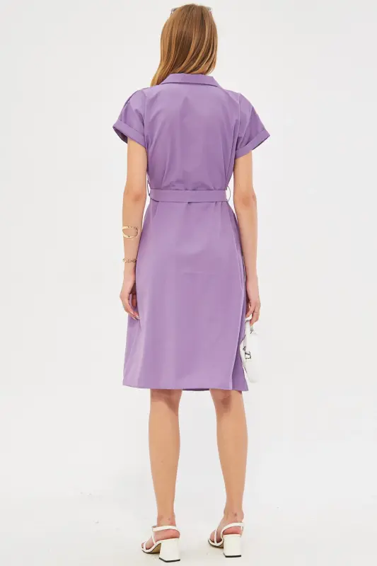 Kadın Lila Beli Kemerli Kısa Kol Gömlek Elbise ARM-19Y001068-Lila - 4