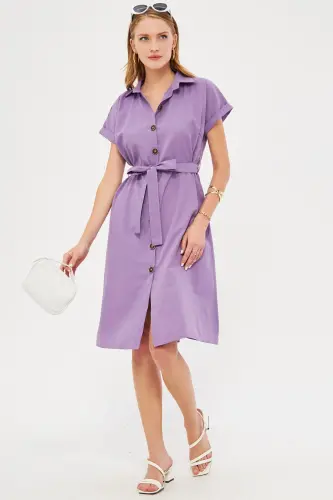Kadın Lila Beli Kemerli Kısa Kol Gömlek Elbise ARM-19Y001068-Lila - 3