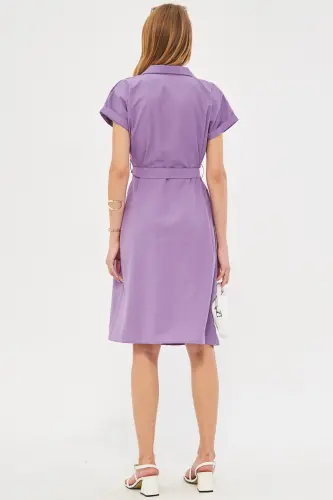 Kadın Lila Beli Kemerli Kısa Kol Gömlek Elbise ARM-19Y001068-Lila - 4