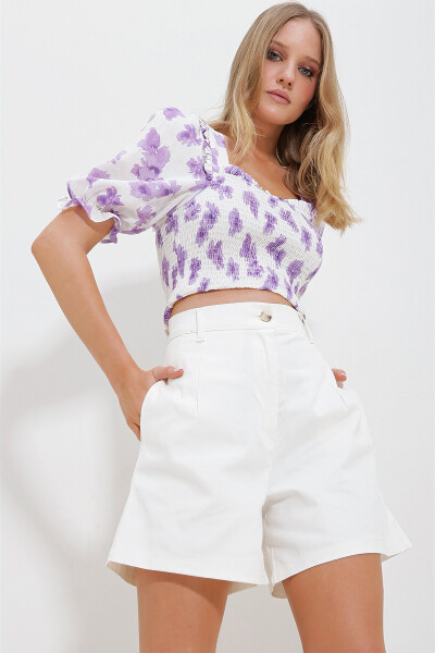 Lila-weiße kurze Leinenbluse für Damen mit quadratischem Kragen, Wassermelonenärmeln und elastischem Bund ALC-X11651 - LILA-WHITE - 3