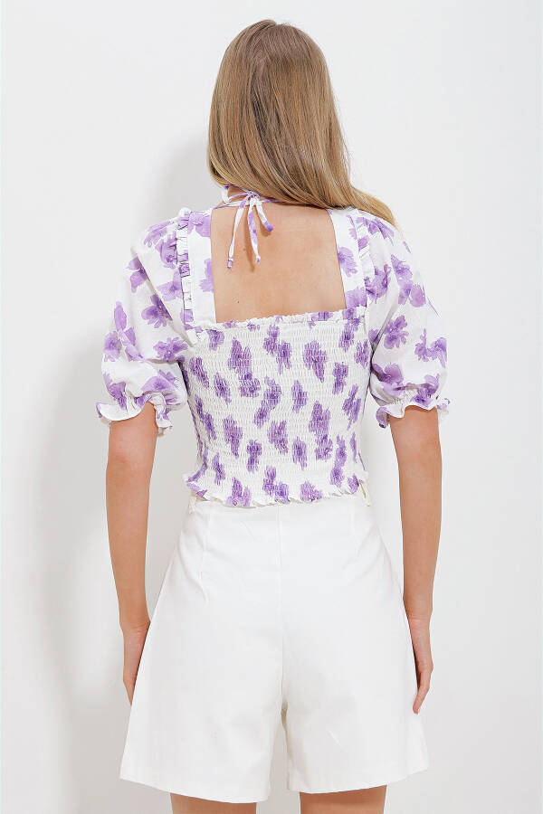 Lila-weiße kurze Leinenbluse für Damen mit quadratischem Kragen, Wassermelonenärmeln und elastischem Bund ALC-X11651 - LILA-WHITE - 5