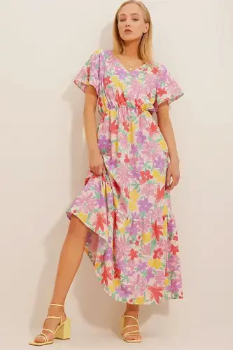 Kadın Lila Çiçek Desenli Kruvaze Maxı Boy Elbise ALC-X4373-Lila - TREND ALAÇATI STILI (1)