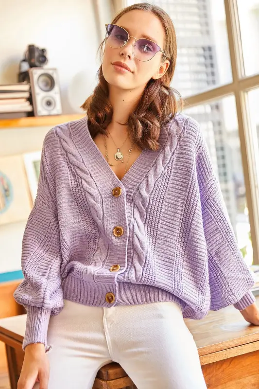 Kadın Lila Kalın Saç Örgülü Triko Hırka HRK-19000082-Lila - 1