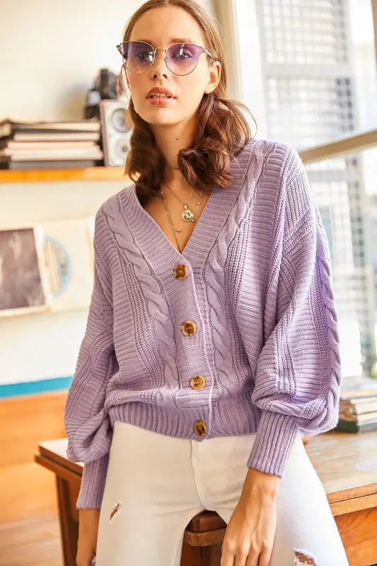 Kadın Lila Kalın Saç Örgülü Triko Hırka HRK-19000082-Lila - 2