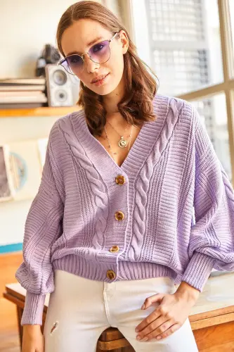 Kadın Lila Kalın Saç Örgülü Triko Hırka HRK-19000082-Lila - 3