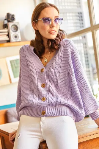 Kadın Lila Kalın Saç Örgülü Triko Hırka HRK-19000082-Lila - 4