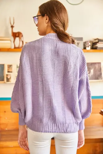 Kadın Lila Kalın Saç Örgülü Triko Hırka HRK-19000082-Lila - 5