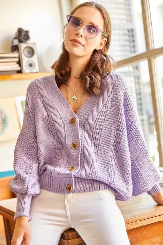 Kadın Lila Kalın Saç Örgülü Triko Hırka HRK-19000082-Lila 