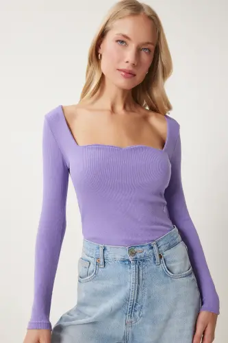 Kadın Lila Kalp Yaka Fitilli Örme Bluz GT00100-Lila - 2