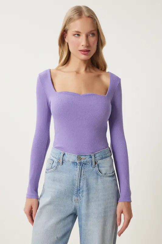 Kadın Lila Kalp Yaka Fitilli Örme Bluz GT00100-Lila - 3