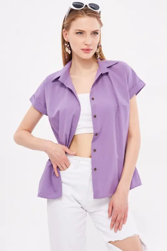 Kadın Lila Kısa Kol Gömlek ARM-19Y001065-Lila - 4