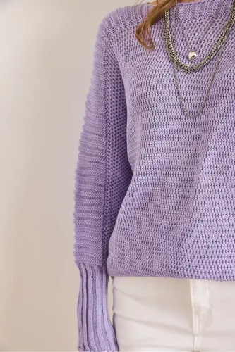 Kadın Lila Kol Detaylı Petek Örgü Kazak KZK-19000399-Lila - 3