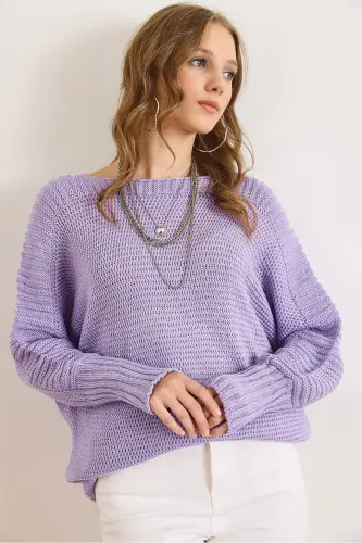 Kadın Lila Kol Detaylı Petek Örgü Kazak KZK-19000399-Lila - 5