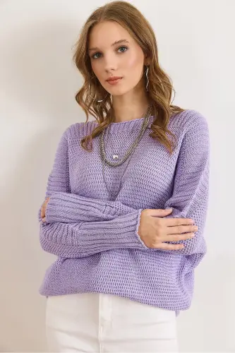 Kadın Lila Kol Detaylı Petek Örgü Kazak KZK-19000399-Lila - 1
