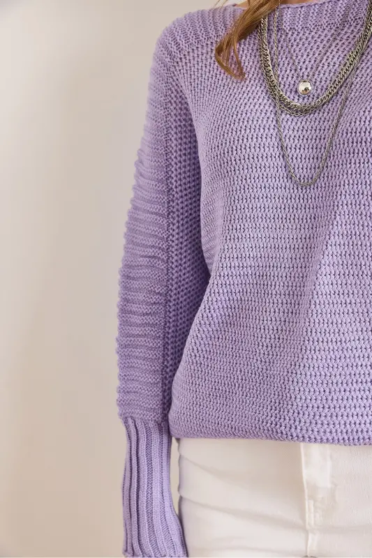 Kadın Lila Kol Detaylı Petek Örgü Kazak KZK-19000399-Lila - 3