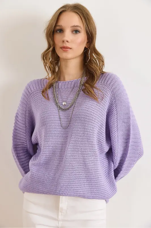 Kadın Lila Kol Detaylı Petek Örgü Kazak KZK-19000399-Lila - 4