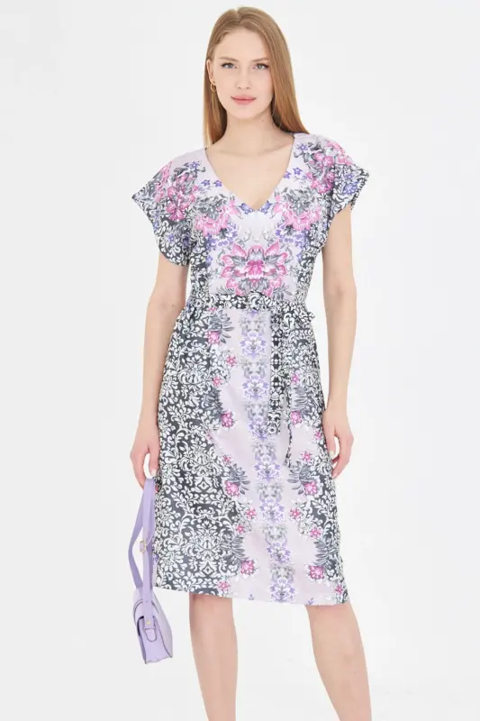 Kadın Lila Ön Arka V Yaka Kuşaklı Desenli Elbise ARM-25Y001018 - Lila - 2