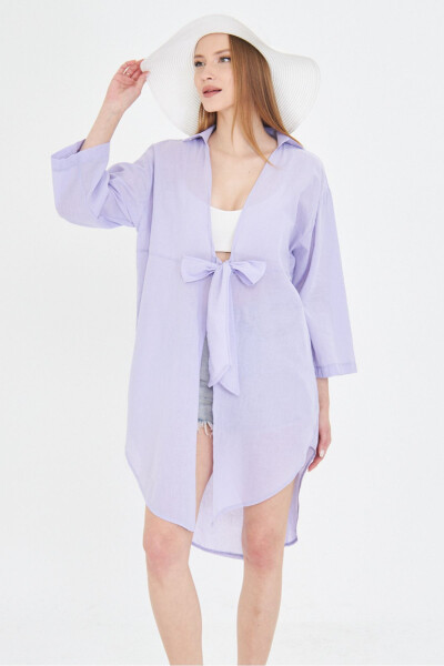 Kadın Lila Önden Bağlamalı İnce Keten Kumaş Midi Boy Kimono Gömlek ARM-24Y001081-Lila - 2
