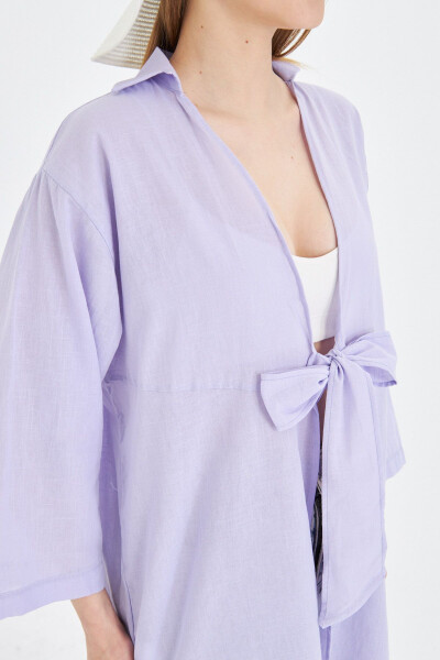 Kadın Lila Önden Bağlamalı İnce Keten Kumaş Midi Boy Kimono Gömlek ARM-24Y001081-Lila - 3