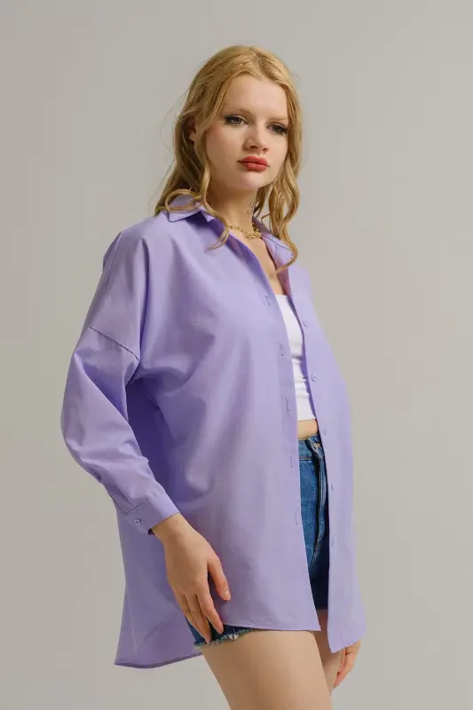 Kadın Lila Oversize Uzun Basic Gömlek Arm-22y001118-Lila - 2