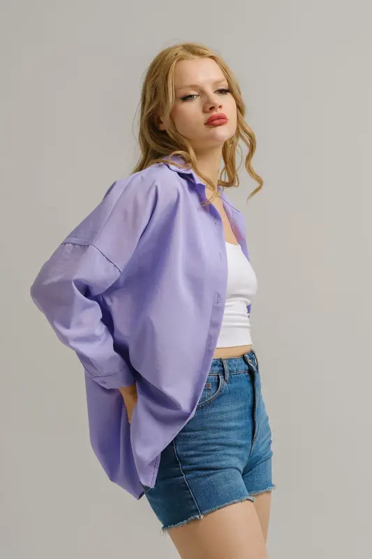 Kadın Lila Oversize Uzun Basic Gömlek Arm-22y001118-Lila - 3