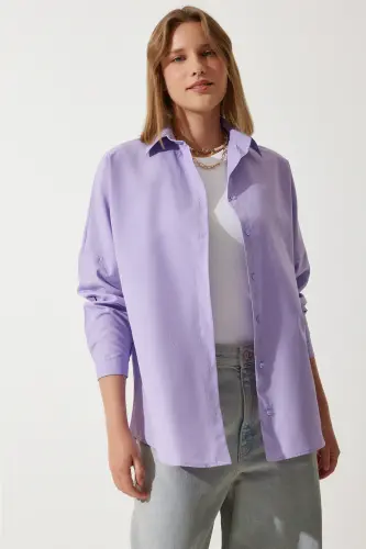 Kadın Lila Oversize Uzun Basic Gömlek DD00842 - Lila - 3