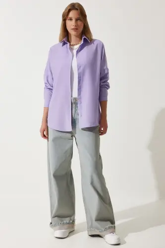 Kadın Lila Oversize Uzun Basic Gömlek DD00842 - Lila - 4