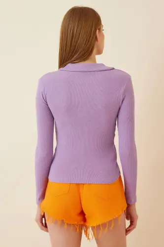 Kadın Lila Polo Yaka Fitilli Örme Bluz GT00111 - Lila - 3