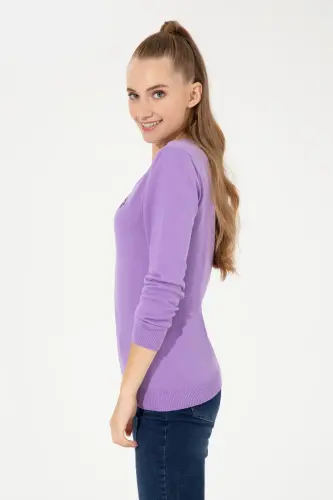 Kadın Lila V Yaka Basic Kazak 50251903-VR034-992420 - 3