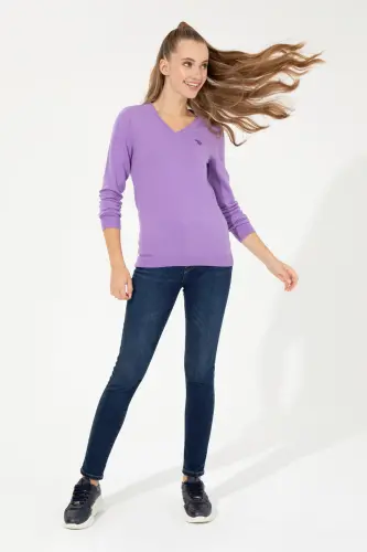 Kadın Lila V Yaka Basic Kazak 50251903-VR034-992420 - 4