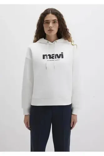 Kadın Logo Baskılı Kapüşonlu Ekru Sweatshirt - 3