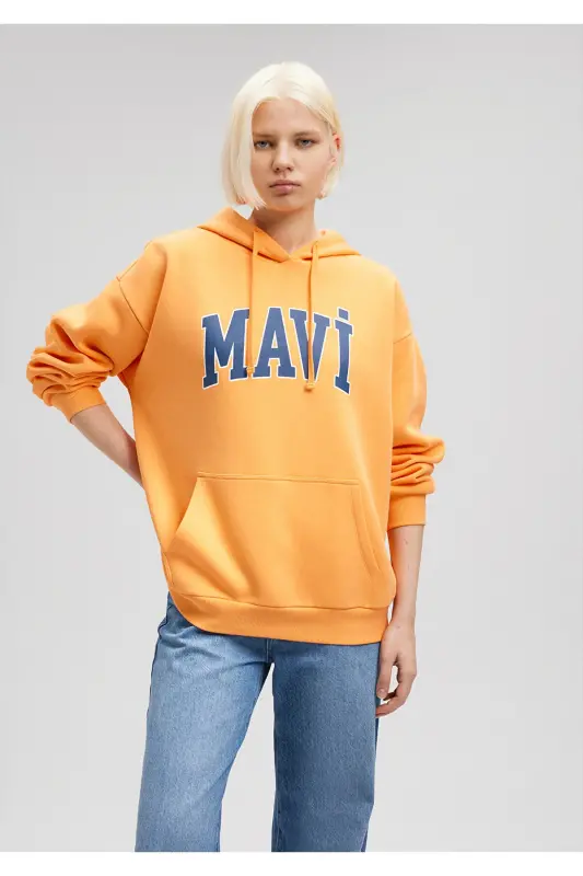Kadın Logo Baskılı Kapüşonlu Turuncu Sweatshirt 1600361-71407 - Turuncu-71407 - 1