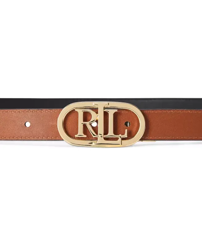 Women's Logo Reversible Skinny Leather Belt - Black/Tan - 2