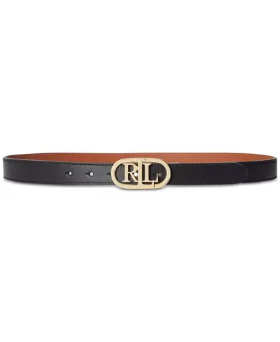 Women's Logo Reversible Skinny Leather Belt - Black/Tan - 3