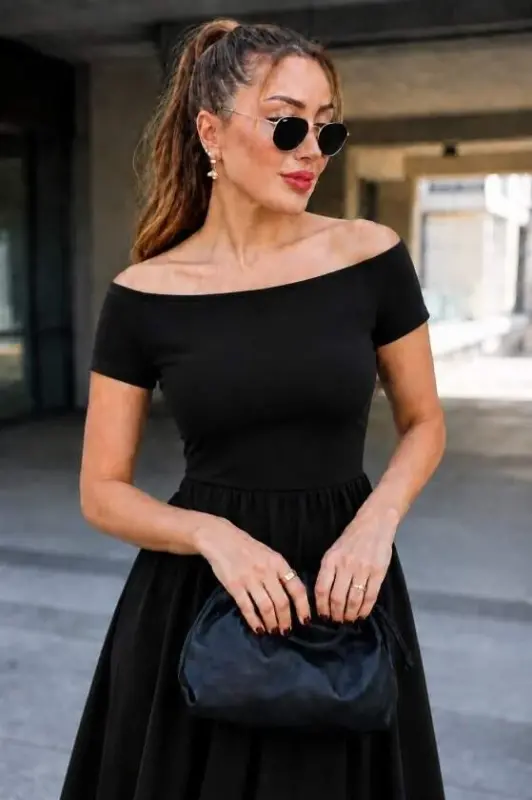 Kadın Madonna Yaka Kısa Kollu Kısa Janjan Krep Elbise - 4