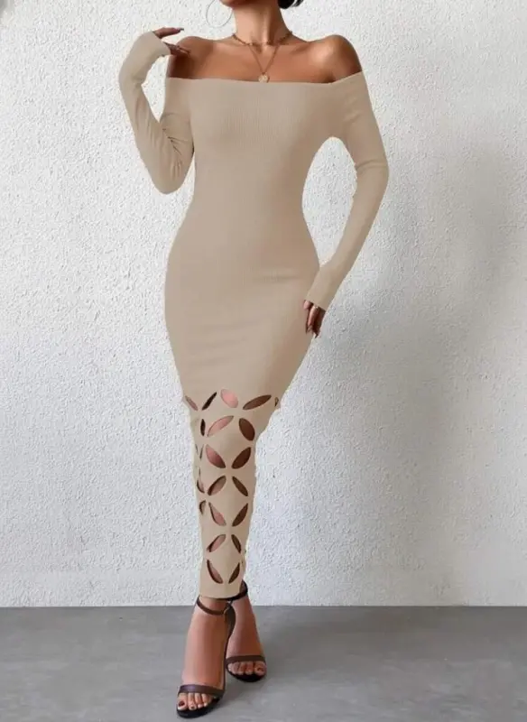 Kadın Madonna Yaka Uzun Kollu Lazer çiçek Kesim Detaylı Uzun Ithal Krep Elbise - 2