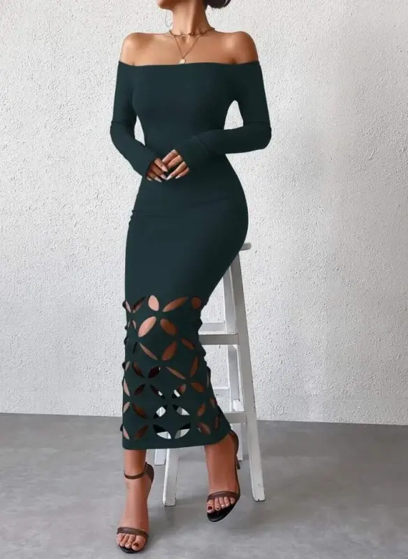 Kadın Madonna Yaka Uzun Kollu Lazer çiçek Kesim Detaylı Uzun Ithal Krep Elbise - 2