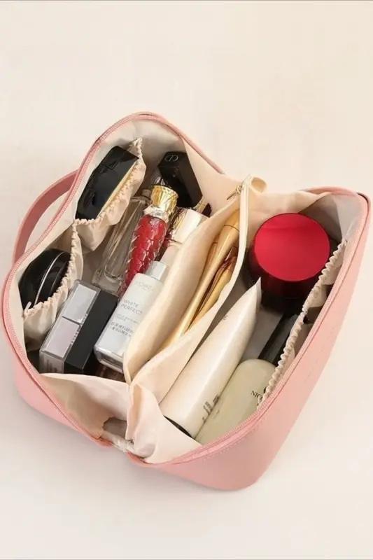 Seyahat Organizer Çantası - Çok Bölmeli Büyük Kapasiteli Makyaj Çantası （Pembe) - 7