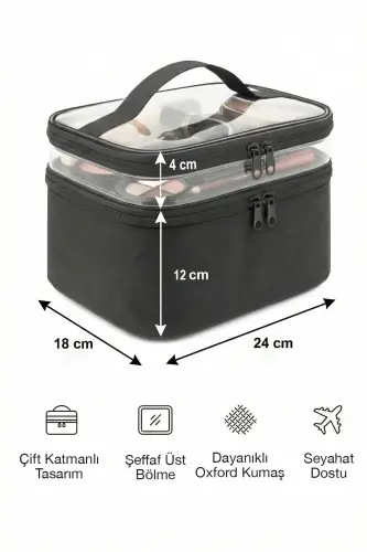 Kadın Makyaj Çantası Iki Geniş Bölmeli Askılı Katlanabilir Bakım Seyahat Organizer Makyaj Çantası-siyah - 7