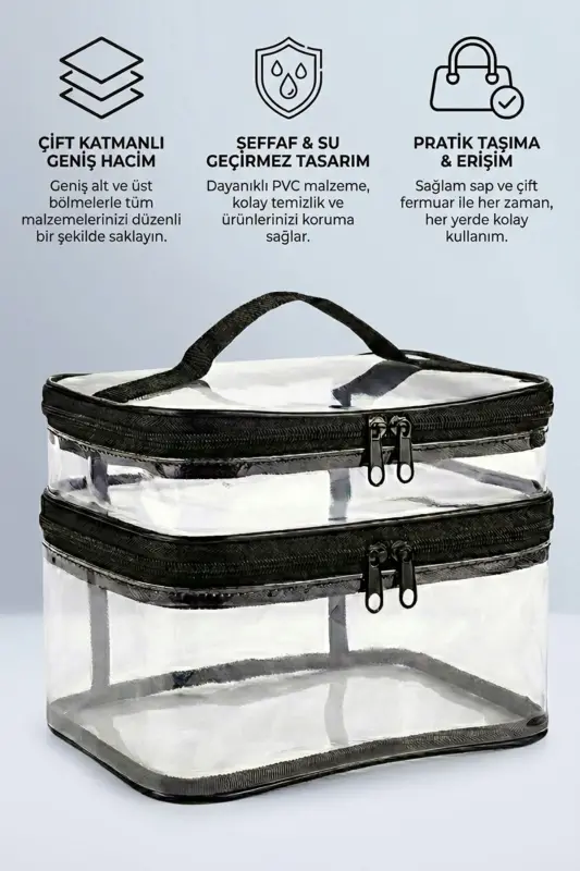 Kadın Makyaj Çantası Iki Geniş Bölmeli Askılı Katlanabilir Bakım Seyahat Organizer Makyaj Çantası-Şeffaf - 5