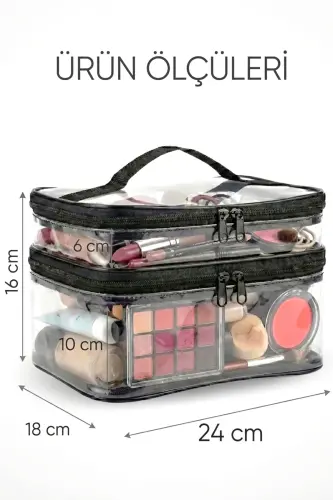 Kadın Makyaj Çantası Iki Geniş Bölmeli Askılı Katlanabilir Bakım Seyahat Organizer Makyaj Çantası-Şeffaf - 6