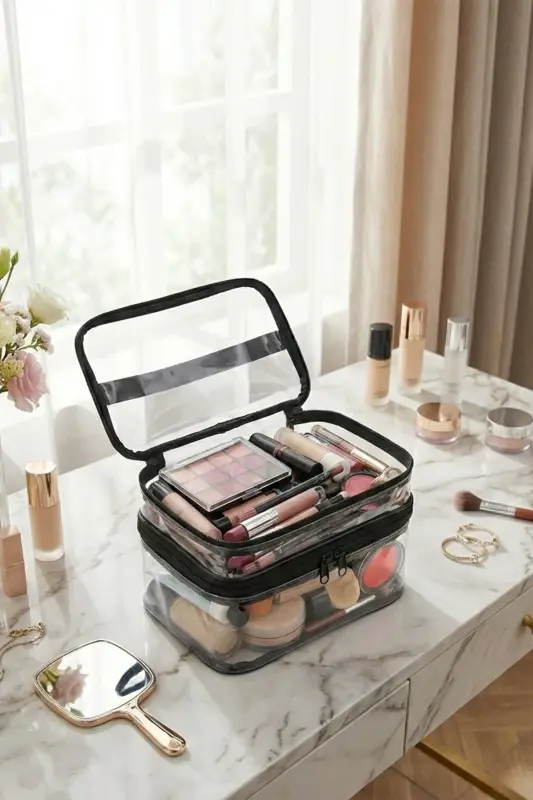 Kadın Makyaj Çantası Iki Geniş Bölmeli Askılı Katlanabilir Bakım Seyahat Organizer Makyaj Çantası-Şeffaf - 1