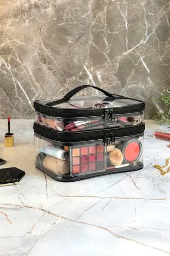 Kadın Makyaj Çantası Iki Geniş Bölmeli Askılı Katlanabilir Bakım Seyahat Organizer Makyaj Çantası-Şeffaf - 3