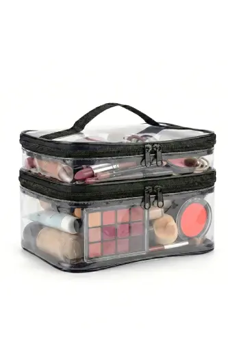 Kadın Makyaj Çantası Iki Geniş Bölmeli Askılı Katlanabilir Bakım Seyahat Organizer Makyaj Çantası-Şeffaf - 2
